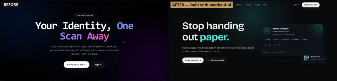 An animated side-by-side loop of the Cardix rebuild: the old design on the left, the rebuilt design on the right.